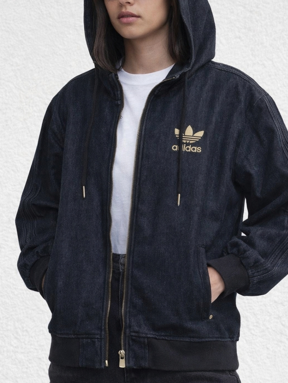 Adidas Black Denim Zip Hoodie ✦ Gold Trefoil ✦ Unisex Oversized L Y2K
